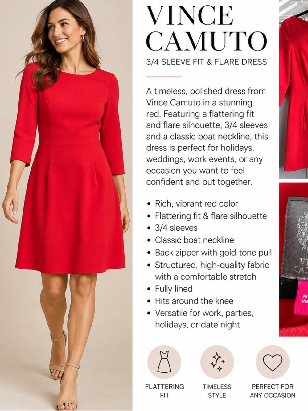 Vince Camuto Vibrant Red 3/4 Sleeve Fit & Flare Dress